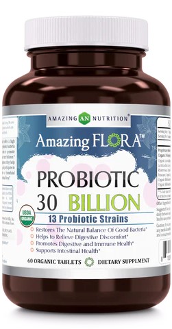 AMAZING FLORA USDA CERTIFIED ORGANIC PROBIOTIC 30 BILLION 13 PROBIOTIC STRAINS 60 TABLET